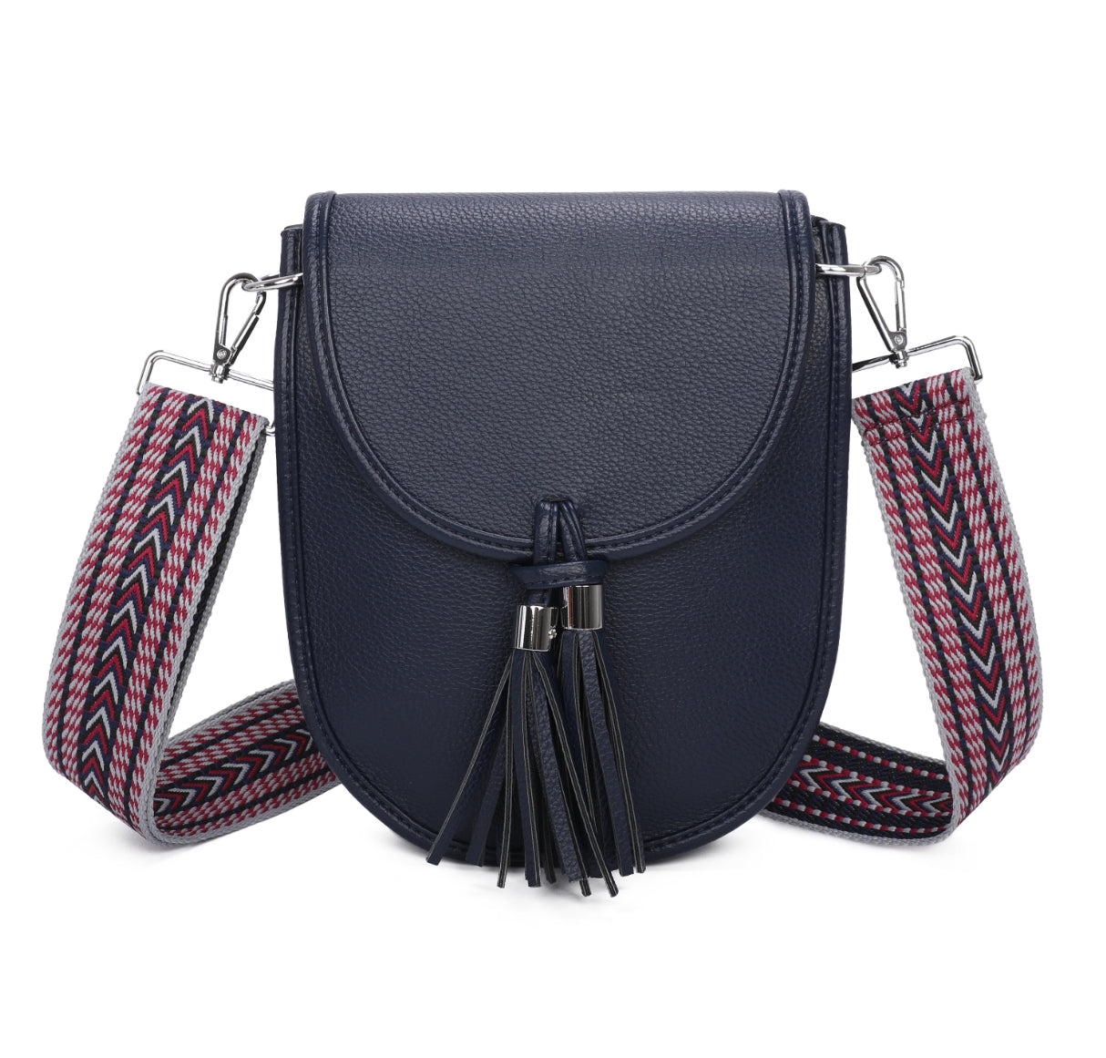 Navy crossbody bag with a patterned strap