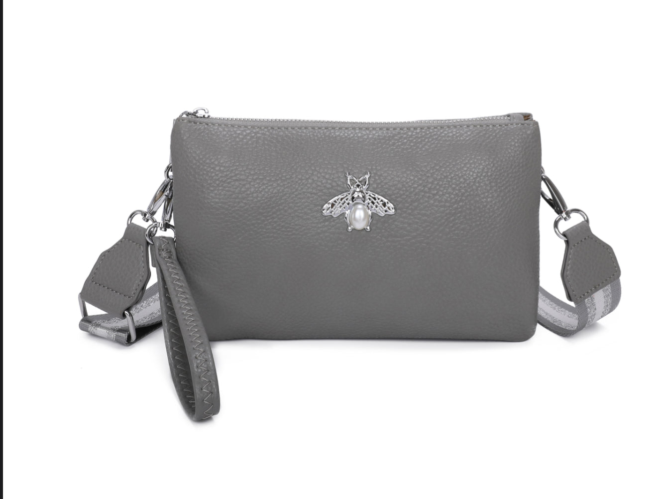 Gray handbag with a bee emblem