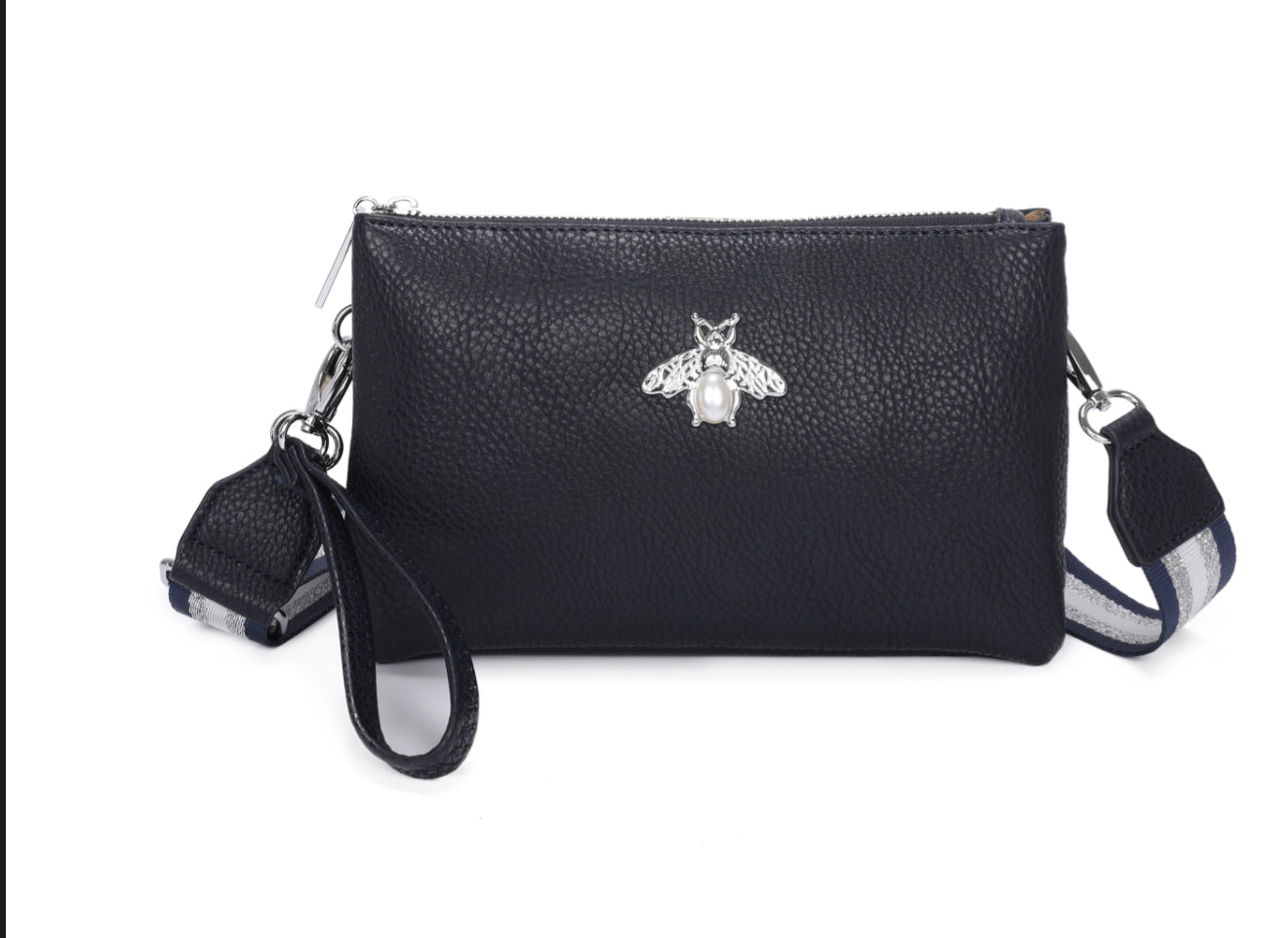 Black handbag with a bee emblem