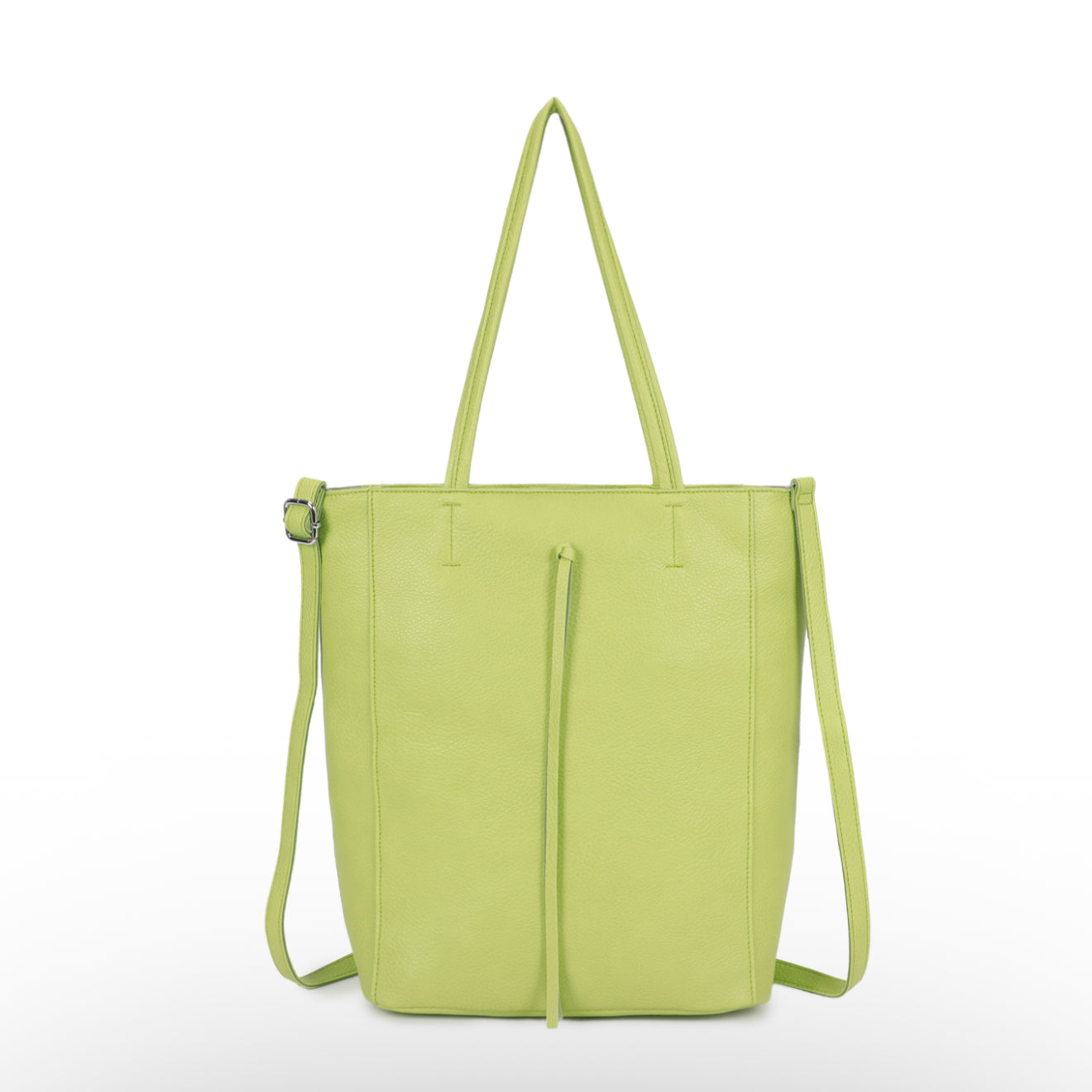 Green tote bag with shoulder strap on a white background