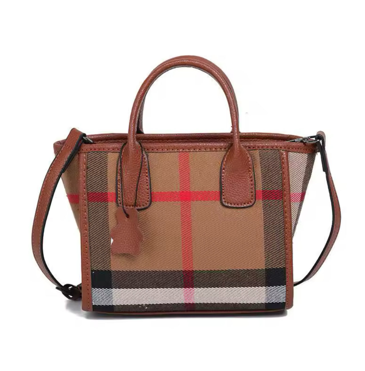 Small brown outlined checked style bag with crossbody long strap