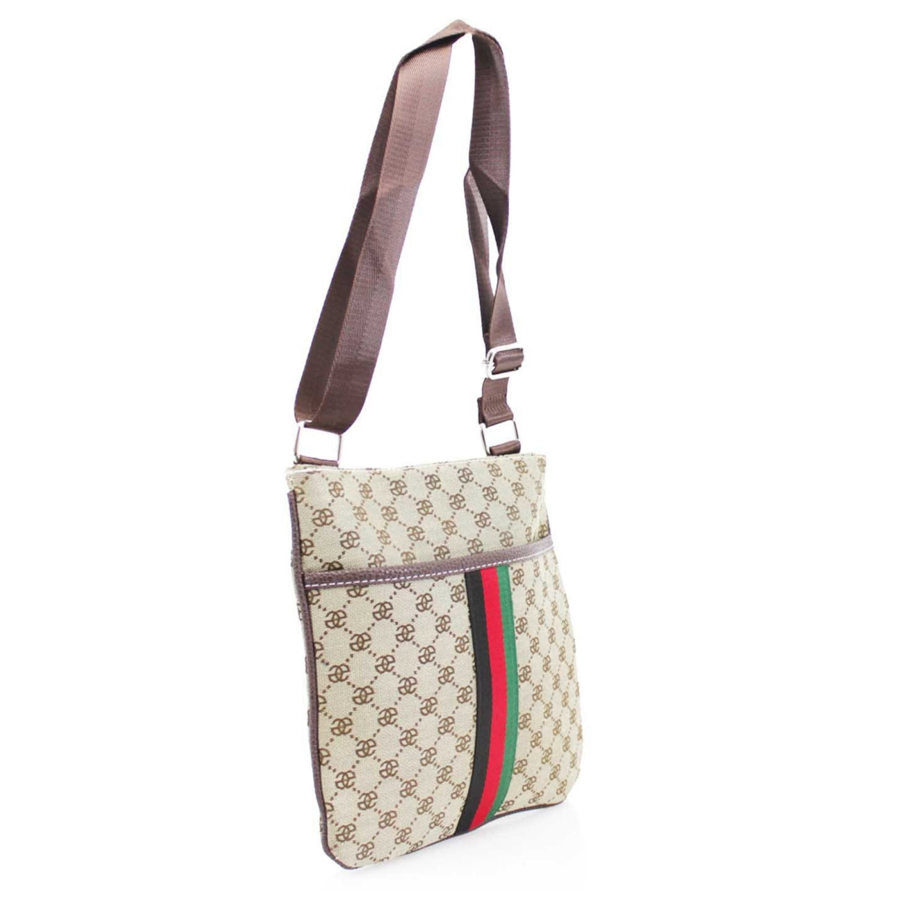 Beige handbag with brown strap and red and green stripe