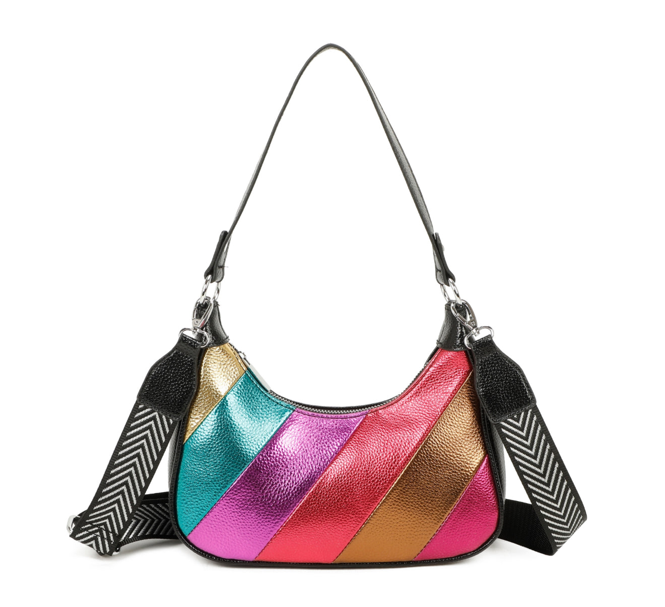 Multicolored striped handbag with a black strap