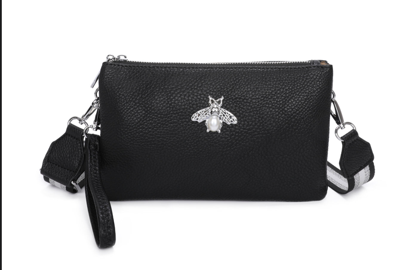 Black clutch bag with a silver bee emblem
