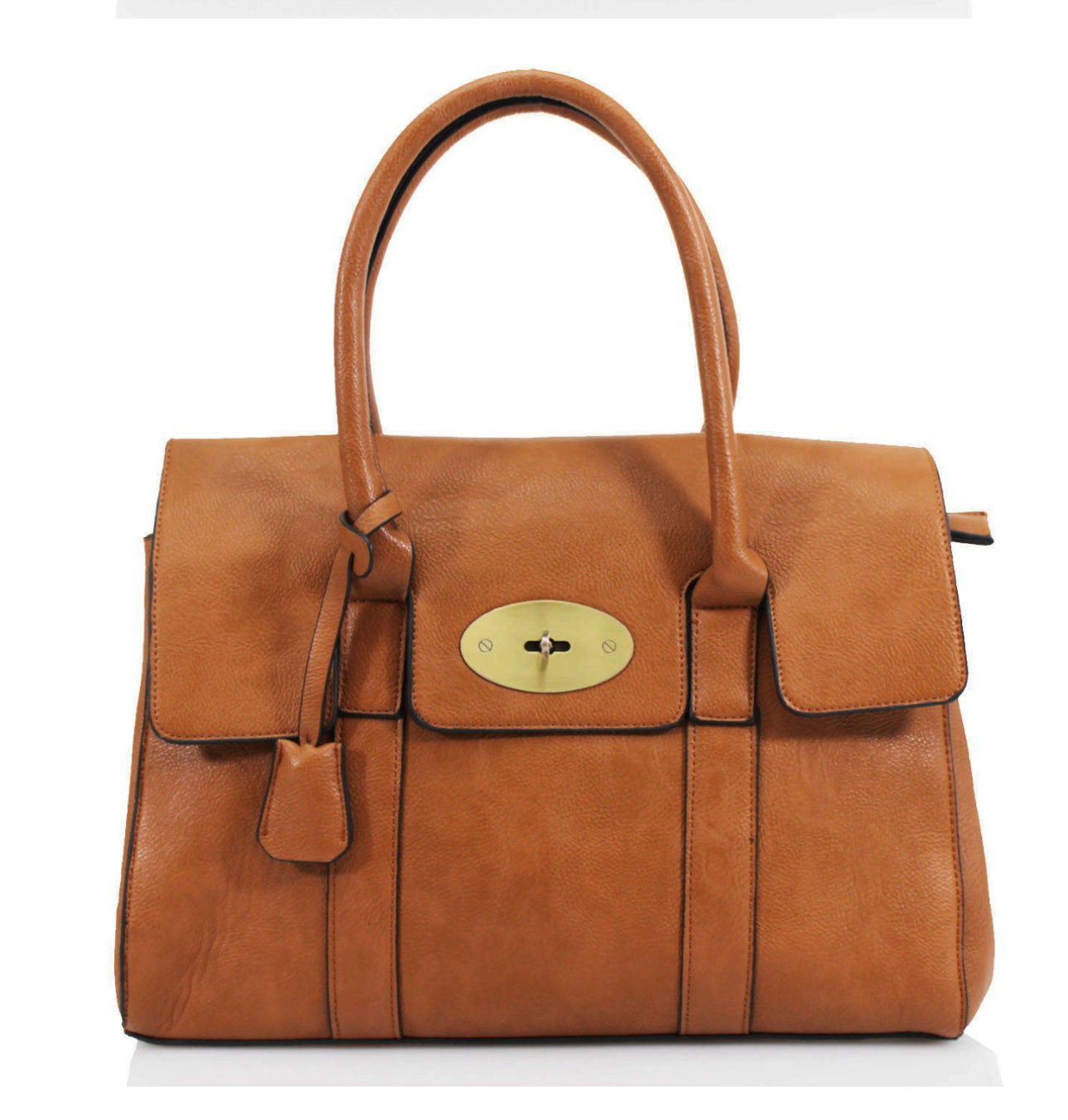 A classic tan handbag with elegant gold detailing, featuring a flap with twist metal lock closure, twin shoulder straps, and golden tone metal hardware.