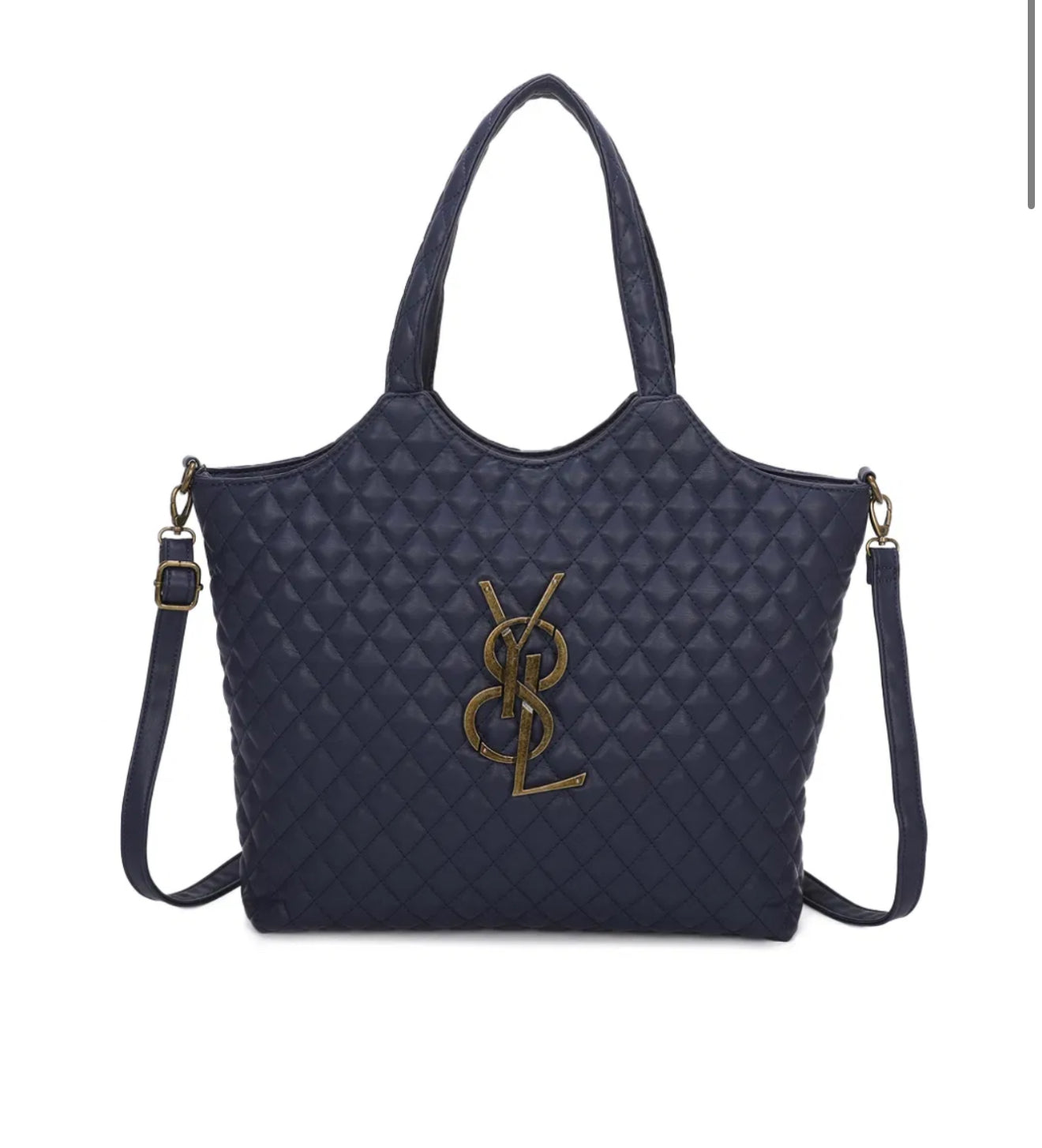 Navy large size quilted bag with gold detailed hardware and long adjustable removable strap