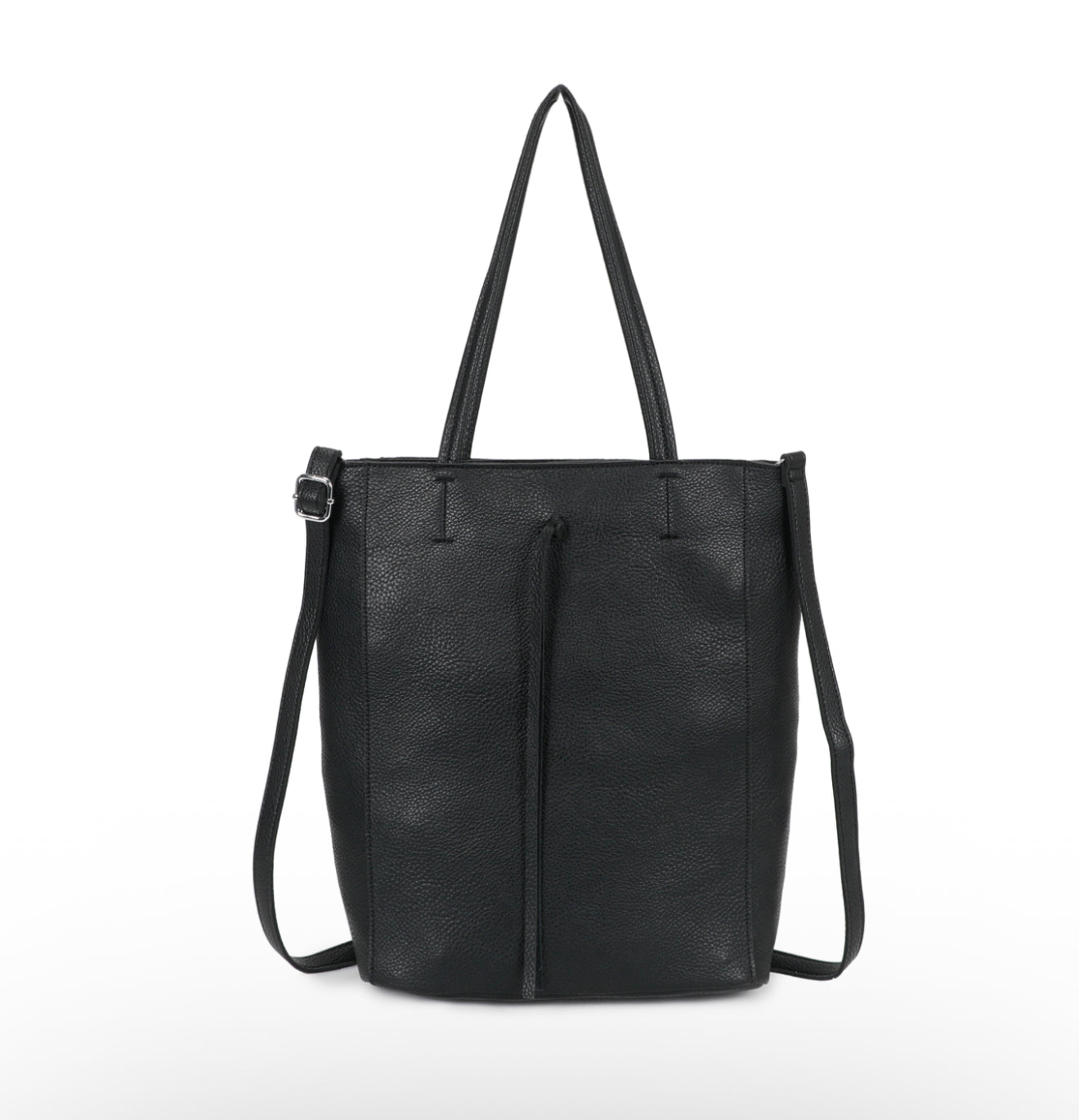 Black leather tote bag with shoulder straps on a white background