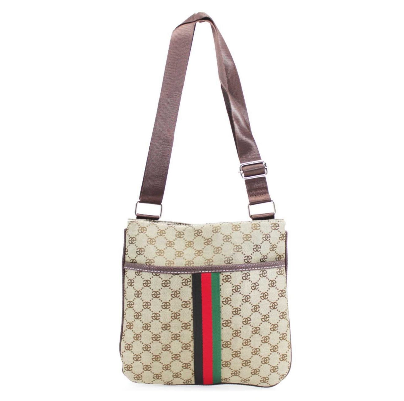 Designer inspired handbag with monogram pattern and colourful stripe
