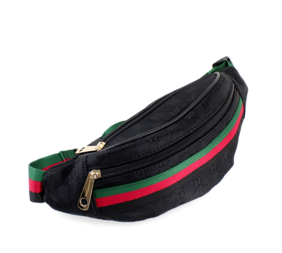 Black waist bag with green and red stripes