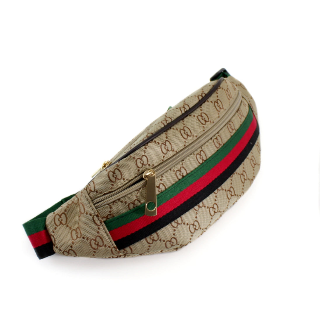 Beige patterned waist bag with green and red stripe