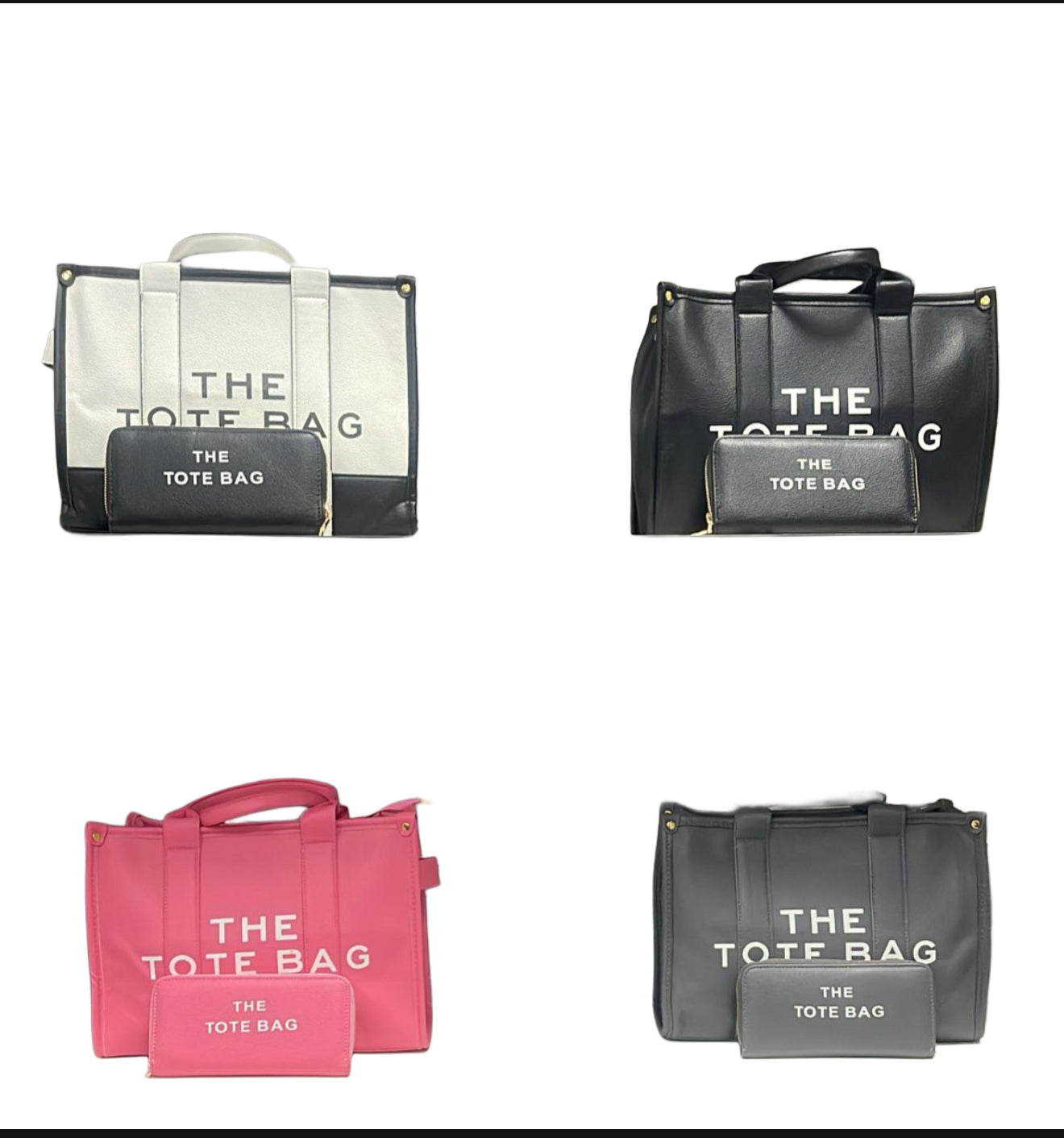 Tote bag and purse sets with the text 'THE TOTE BAG' printed on them, with gold hardware