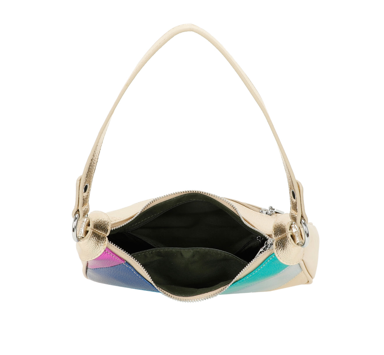Multicolored handbag with a gold handle