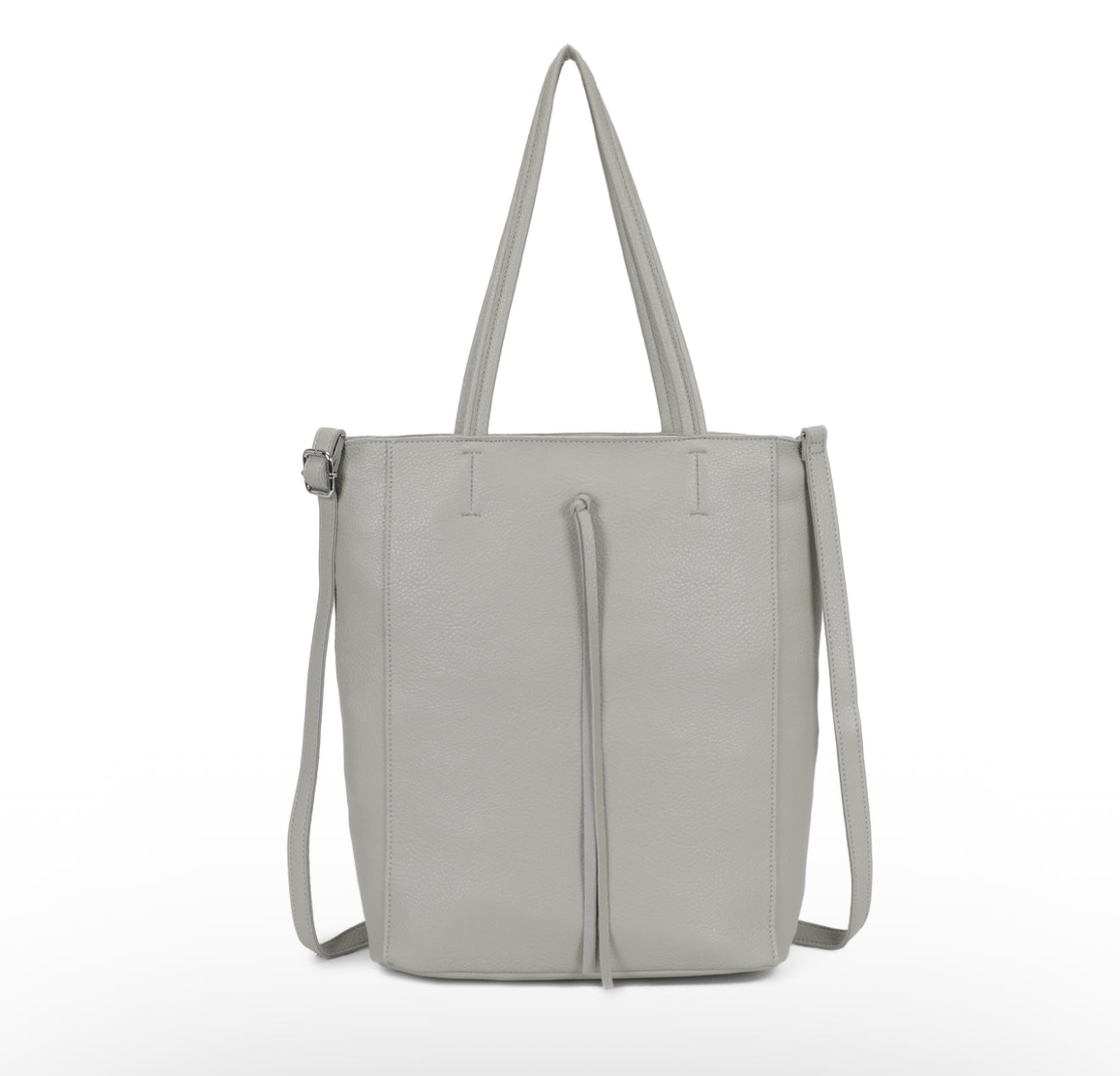 Light gray tote bag with shoulder straps on a white background