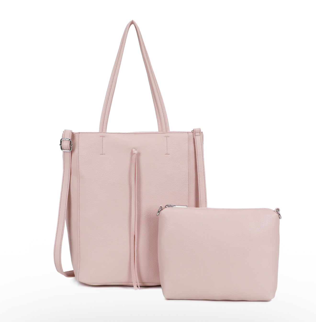 Pink handbag with matching pouch on a white background