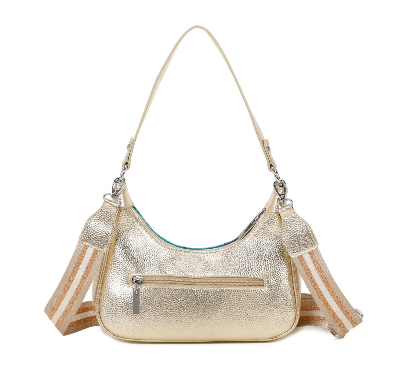 Gold handbag with a striped strap
