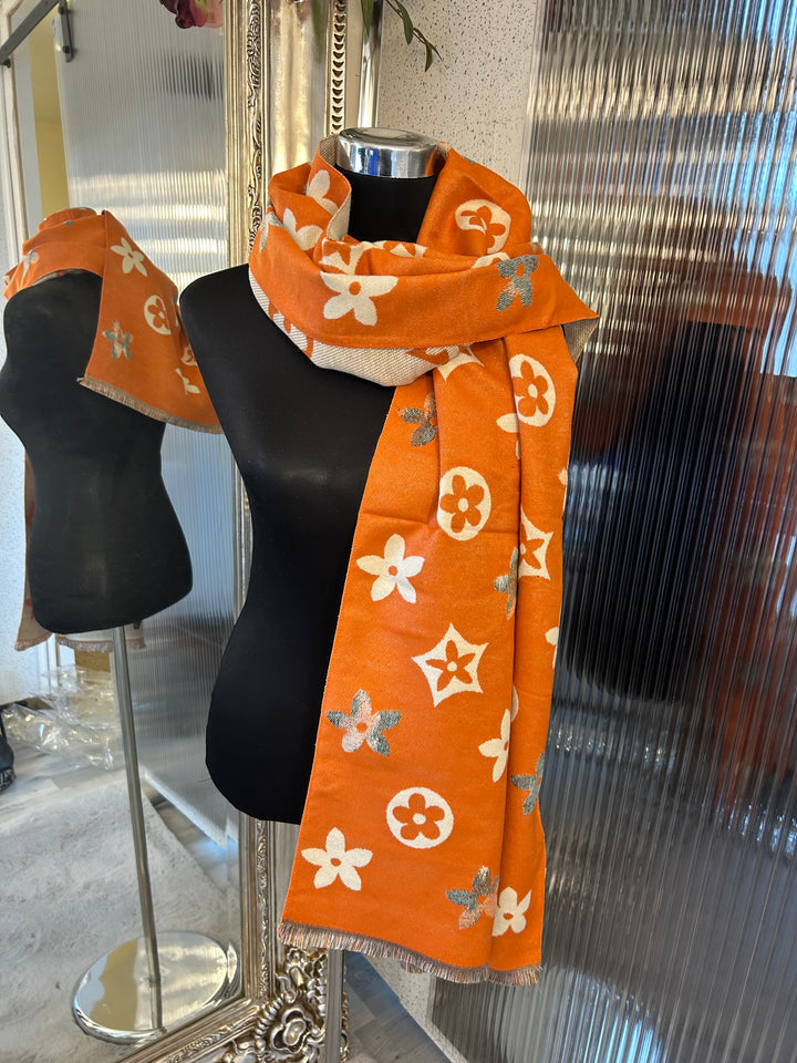 floral patterned scarf in orange and beige large flower monogram 