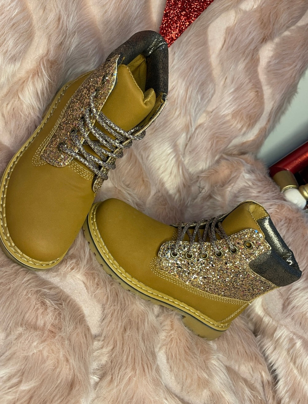 Camel boots with gold glitter embelished sparkle detail