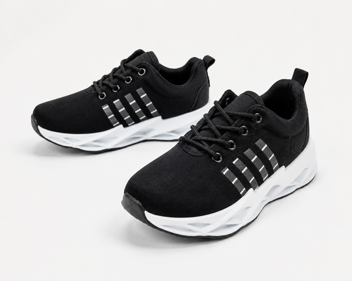 Kids black lace-up trainers with white stripe detail 