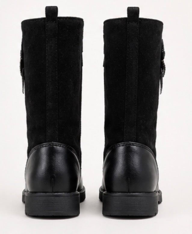 Black girls knee high boots with diamanté bow detail, chunky sole and soft suede style finish