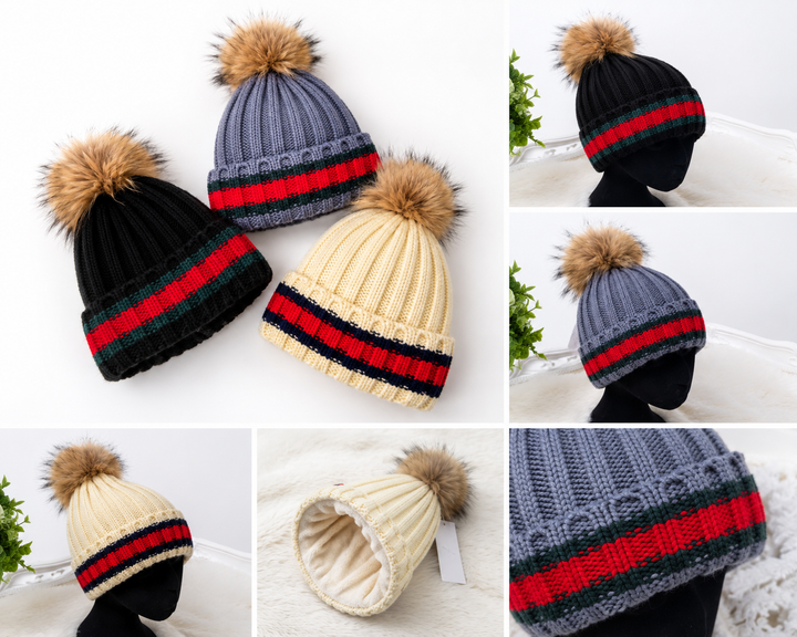 Luxury Ribbed Knit Bobble Hat with Removable Faux Fur Pom Pom