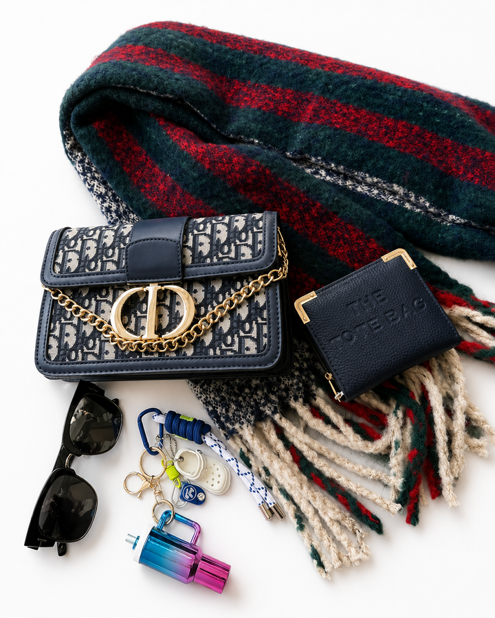 Luxury handbag bundle featuring a matching handbag, coordinating purse and elegant scarf styled together 
