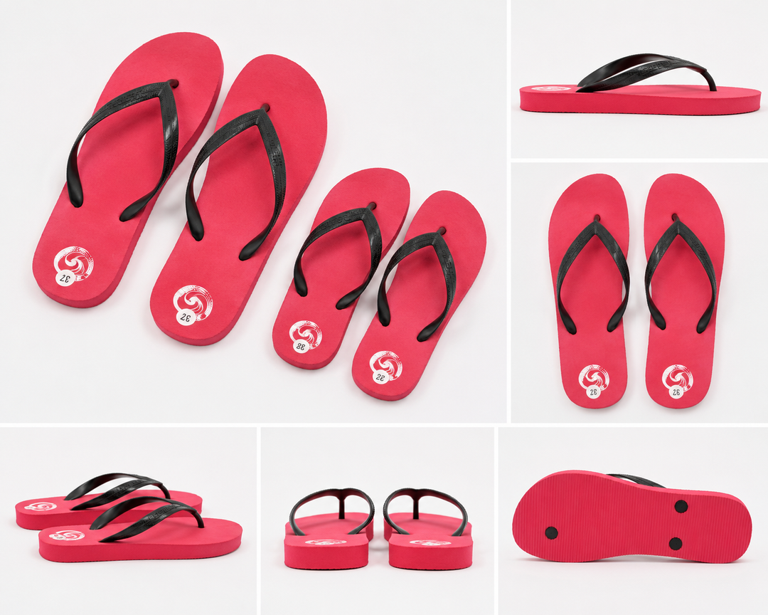 Red flip flops with black straps and lightweight foam sole