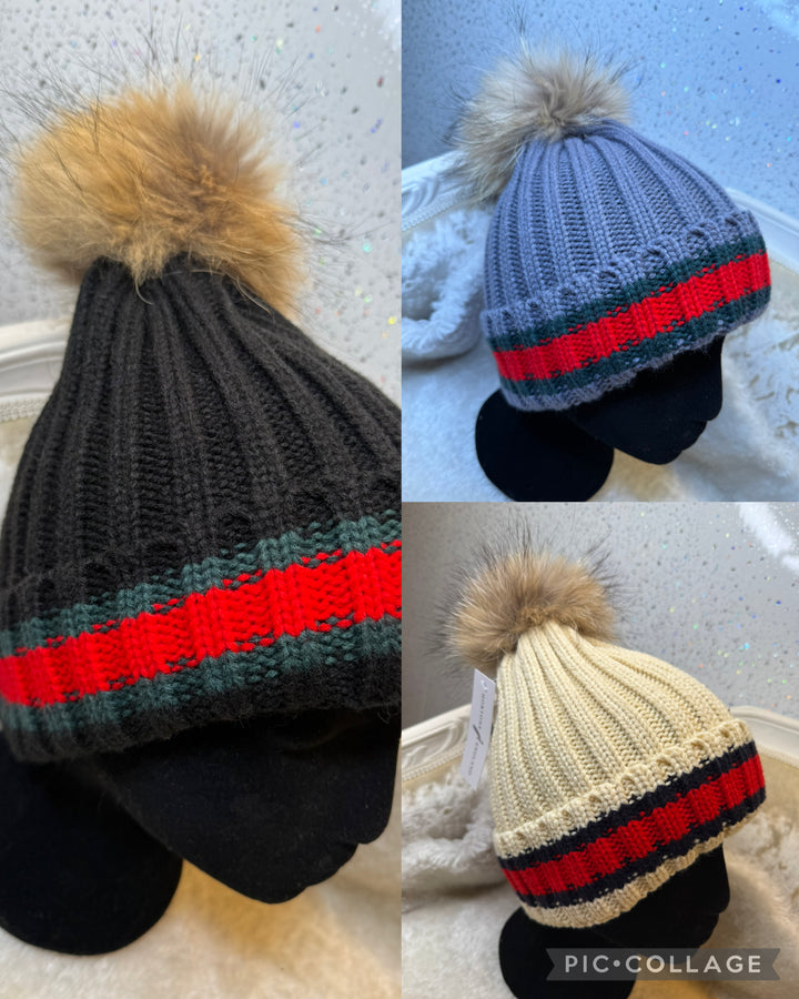 Stripe Hat with Removable Fur Pom Pom