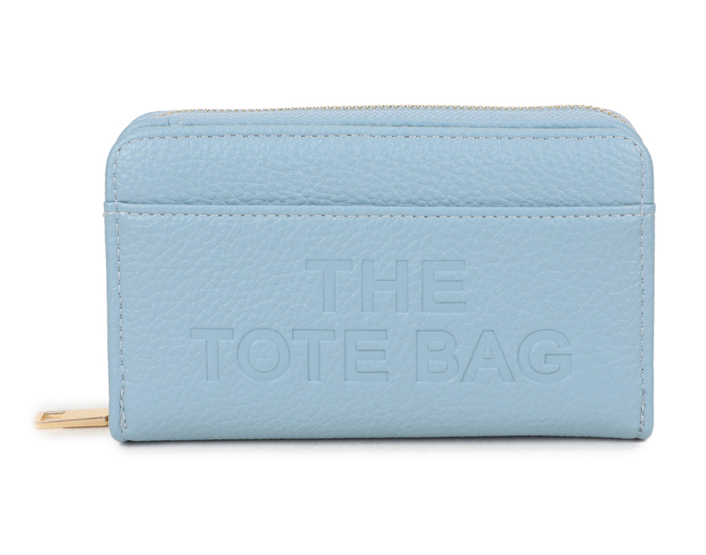 Light blue wallet purse  with 'The Tote Bag' and a gold detail zip 