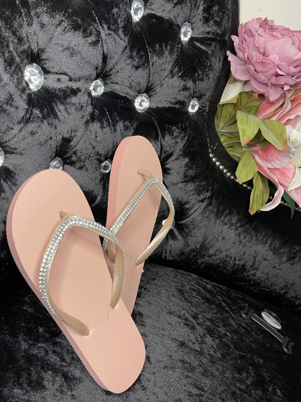 Crystal detail bling flip flops blush pink or grey