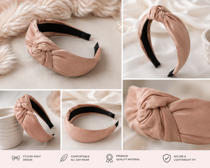 Soft pink satin knotted padded headband with elegant knot detail and comfortable design.