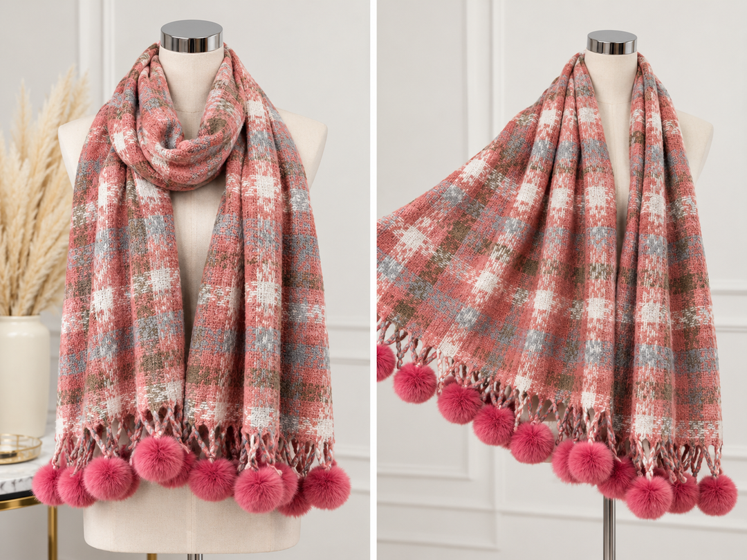 check print winter scarves displayed on mannequins in Cream &amp; Rust, Pink and Black &amp; Mustard, featuring fluffy faux fur pom pom detailing.