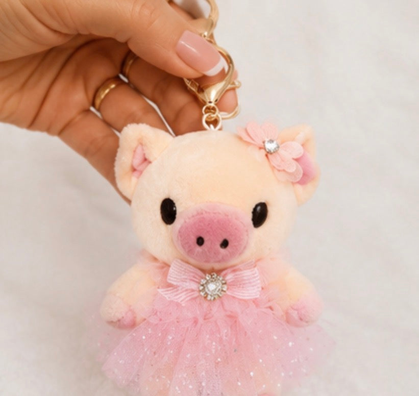 Soft plush pig princess keyring charm with glitter tulle dress, gold clip and key ring 