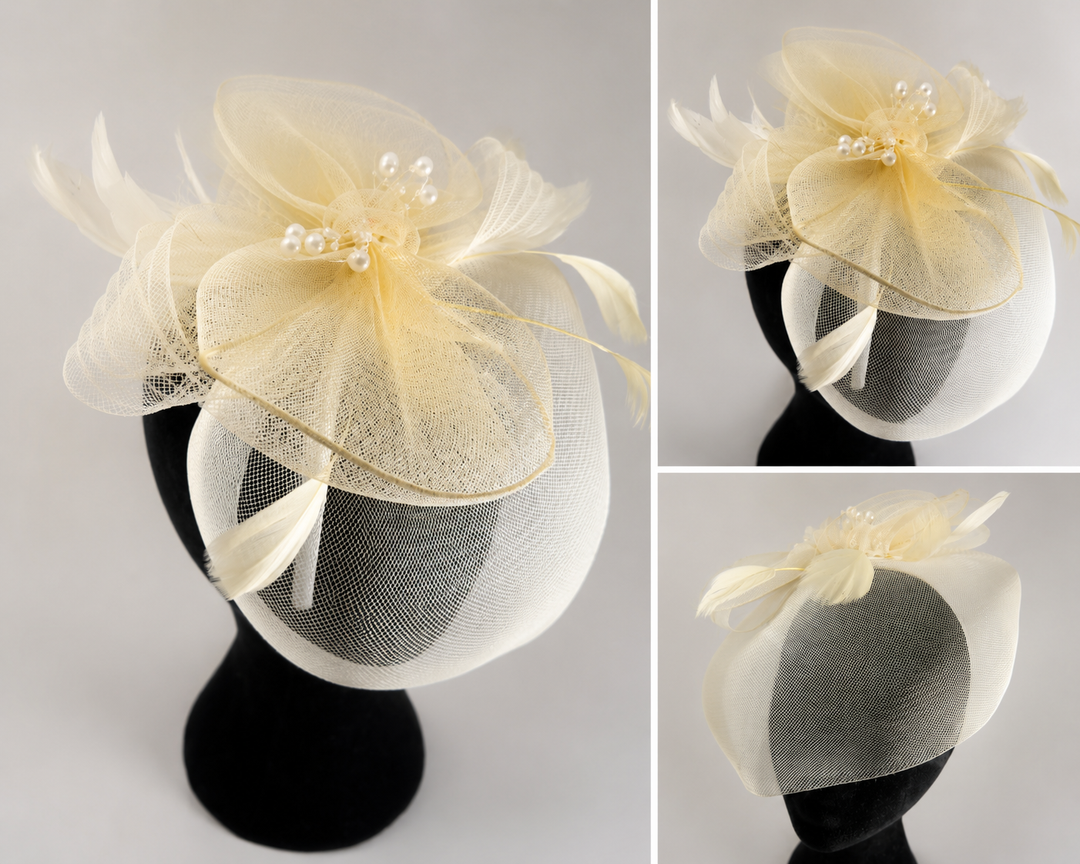 Ivory Mesh Fascinator Hat with Feather &amp; Pearl Detail