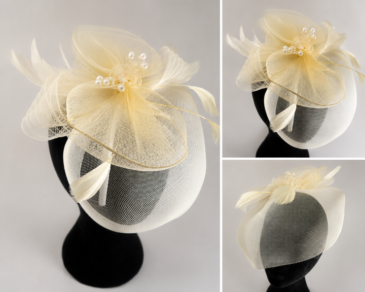 Ivory Mesh Fascinator Hat with Feather &amp; Pearl Detail