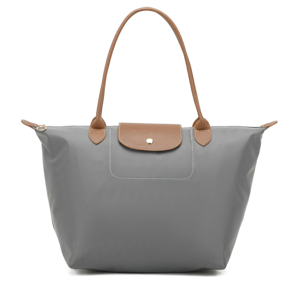 Grey handbag with brown handles and trim