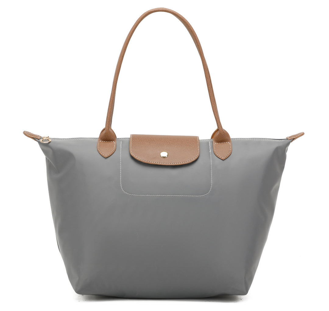 Grey handbag with brown handles and trim