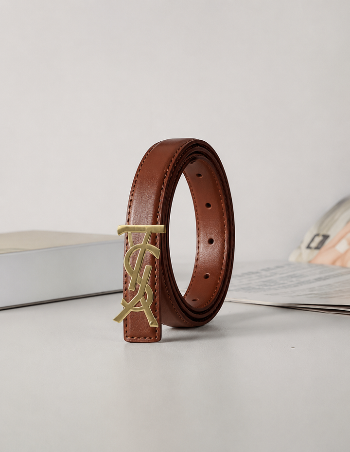Brown slim faux leather belt with gold-tone statement buckle.