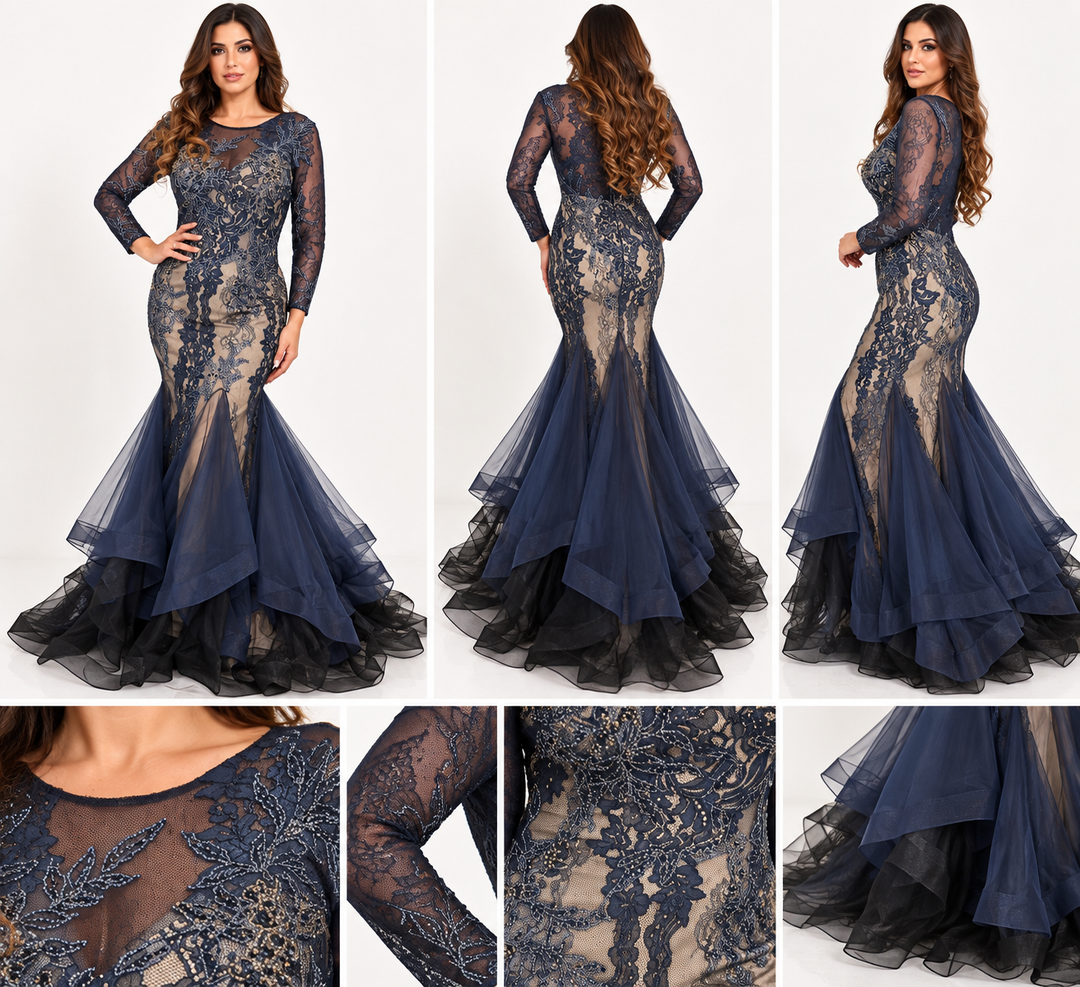 Navy lace mermaid evening dress size 12 with sheer long sleeves, nude lining and layered tulle hem