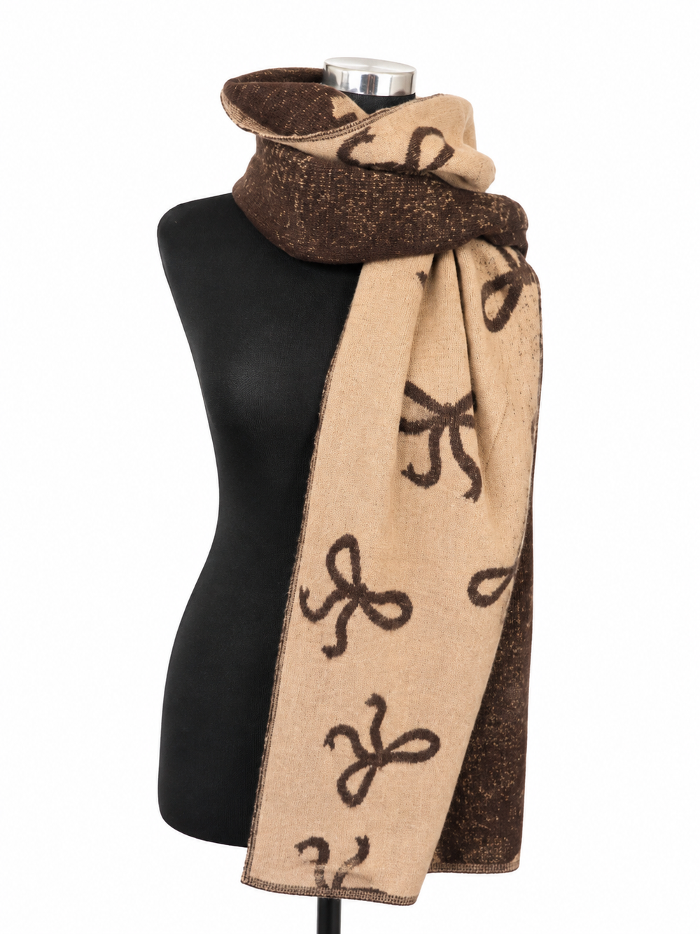 Brown reversible bow print thick cosy scarf 