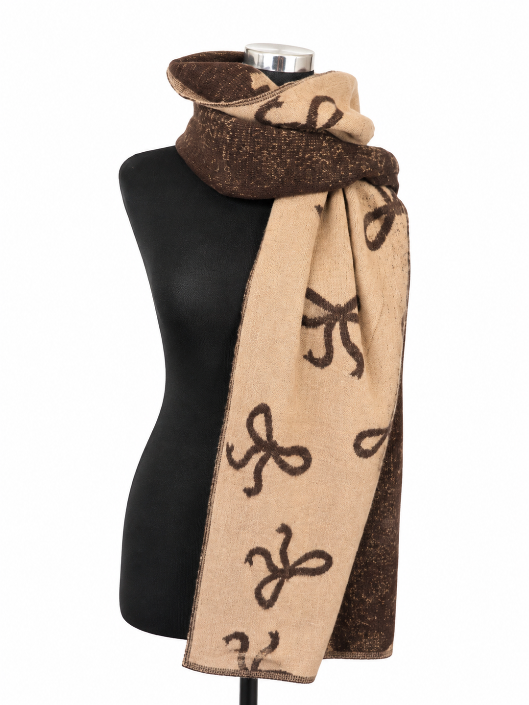 Brown reversible bow print thick cosy scarf 