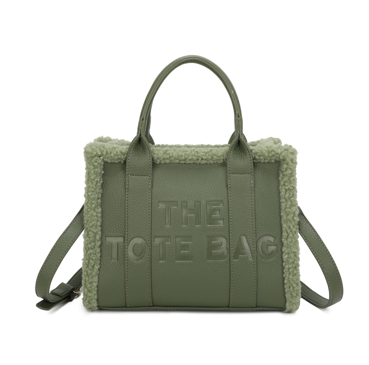 Tote bags with fuzzy edge trim, embossed with ‘The Tote Bag’ on the front in green 