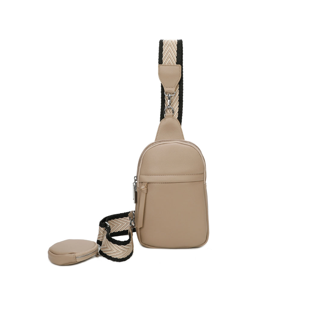 Beige faux-leather crossbody bag with a chevron-patterned strap and small detachable coin pouch.