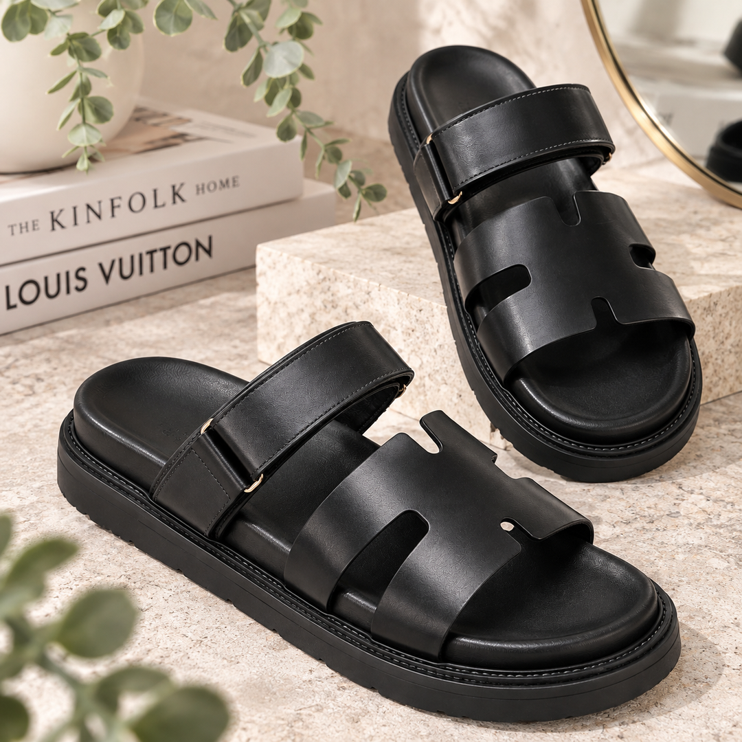 Women’s Black Strappy Sandals | Chunky Sole Summer Shoes | Casual Everyday Sandals