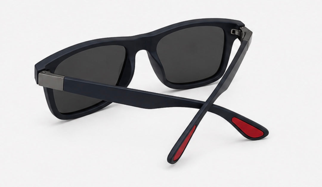 Matte black polarised sunglasses with square frame, dark lenses and red detail accents 