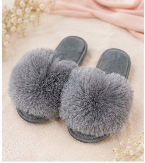 Faux fur slip on children’s slippers in grey 