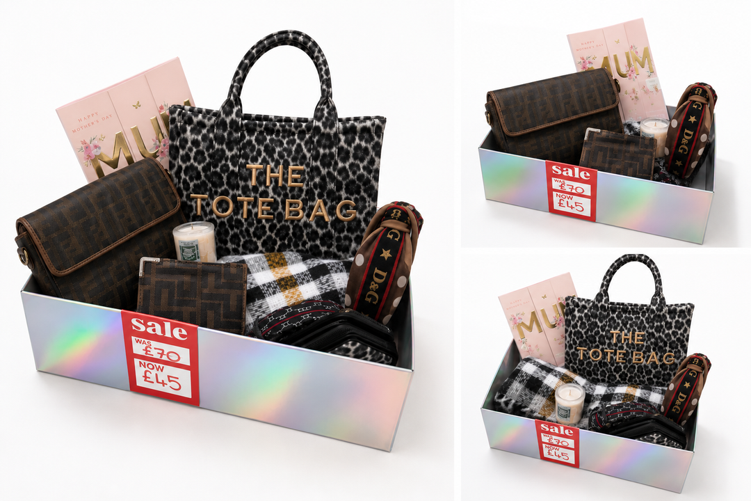 Mother’s Day bundle box including scarf, handbag, purse, headband, card, and a candle. 