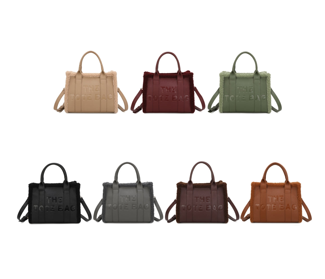 Tote bags with fuzzy edge trim, embossed with ‘The Tote Bag’ on the front