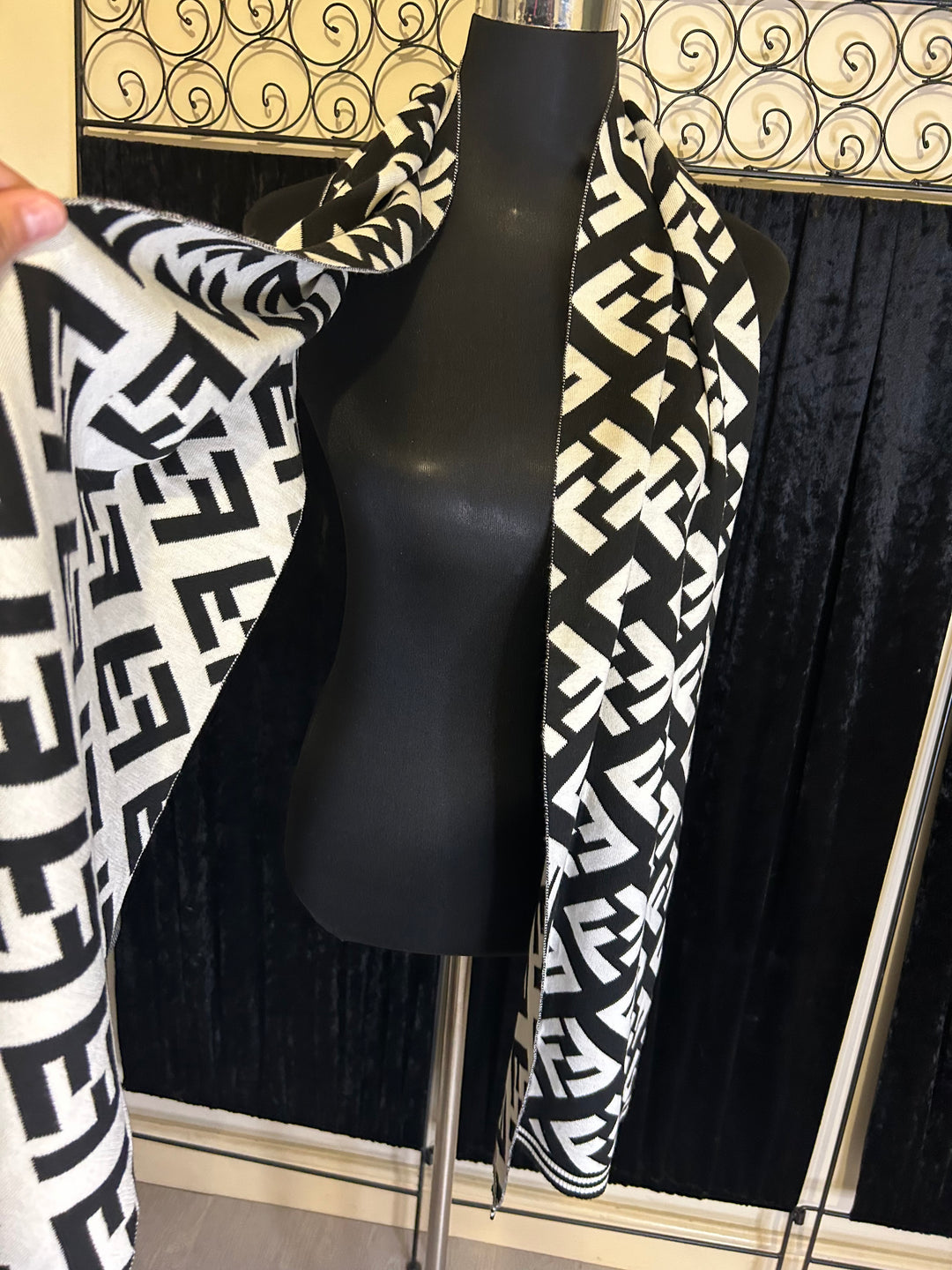 bold inspired letter print design scarf in black and white 