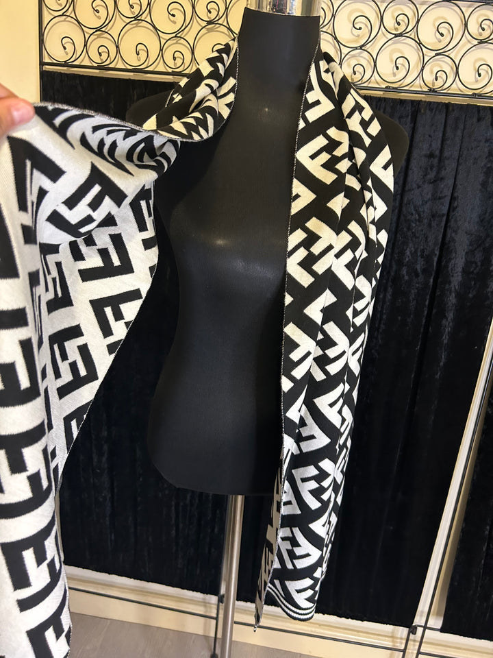 bold inspired letter print design scarf in black and white 