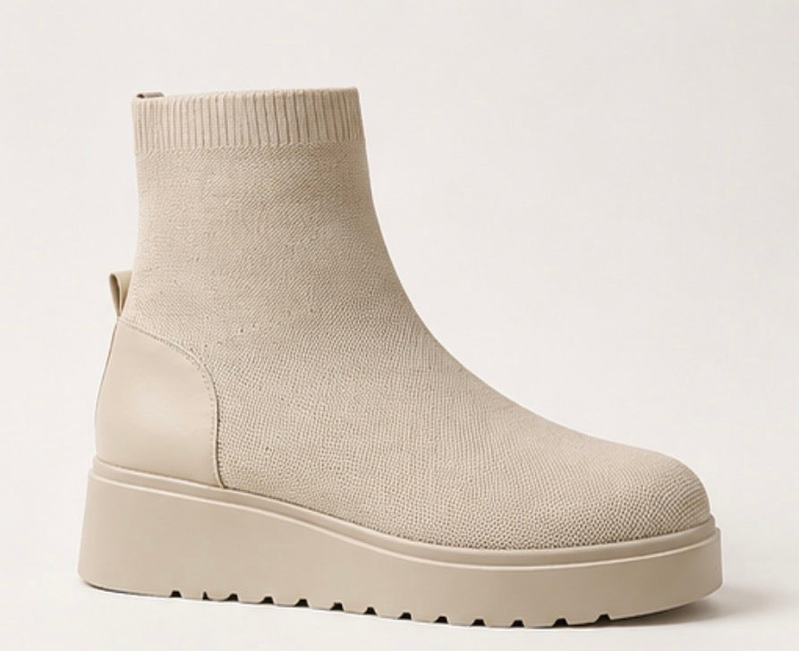 Cream knitted sock ankle boots with chunky platform sole and stretch ribbed cuff detail 
